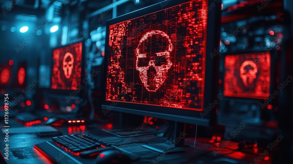 Poster red computer screens displaying cybersecurity warning with digital skull motif in dark tech environm