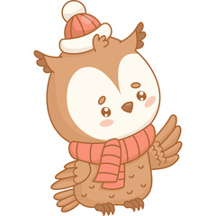 Adorable cute owl in winter knitted clothes hat and scarf
