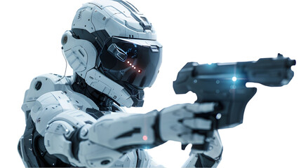 Fototapeta premium Futuristic Man Holding Gun isolated on a transparent background