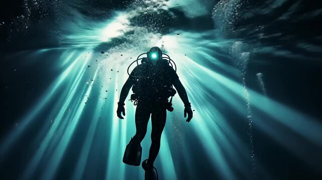 Silhouetted scuba diver ascending through a beam of light in dark water.