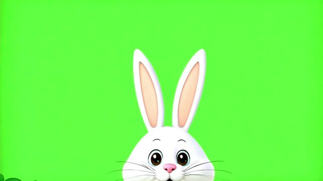 Animation of a cute bunny playfully peeking from behind a wall on a green screen background. Happy Easter background chroma key 4k video. funny cartoon
