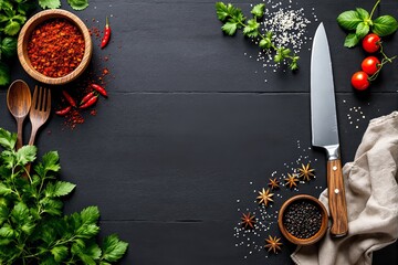 Culinary-themed composition with spices, herbs, utensils, and knife on black backdrop.