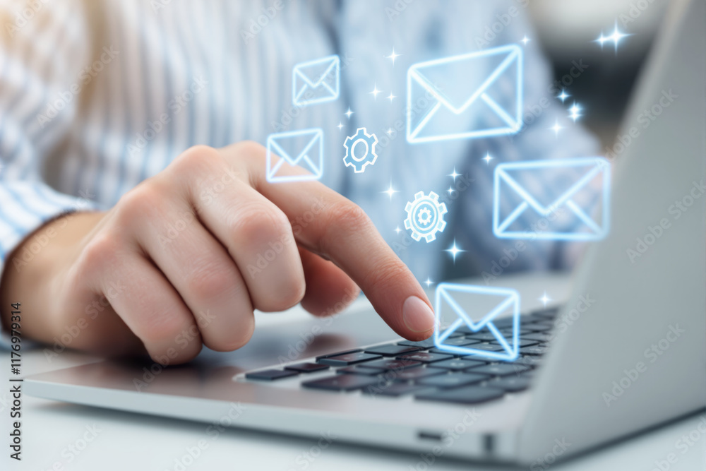 Poster Person interacting with digital email icons on laptop keyboard, symbolizing online communication and technology concepts.