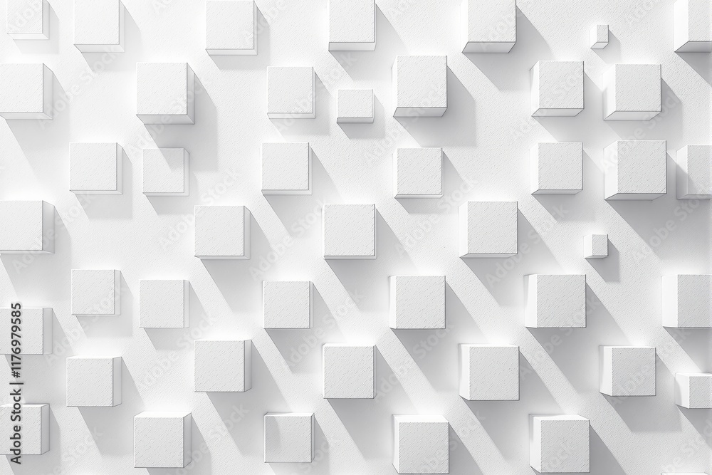 Poster Abstract white geometric cubes background with repeating pattern on bright surface. Concept of minimalism and modern design.