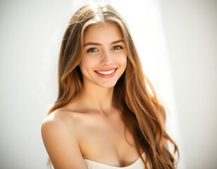 Naklejka premium Smiling Young Woman with Long Brown Hair and Radiant Skin, Wearing Minimal Makeup and a Simple Earring, Looking Confidently at the Camera Against a Neutral Gray Background