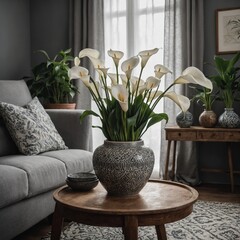 A cozy living room with soft gray walls, a round wooden table holding a Calla Lily plant in a hand-painted Moroccan-style ceramic pot.