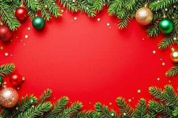 Christmas-themed layout with festive decorations and fir branches on a red background.
