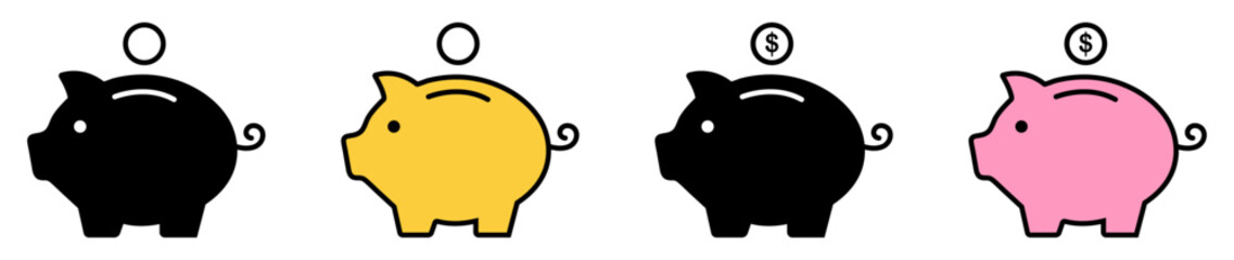 Piggy bank icon isolated set on white background. Money box symbol.  Saving bank icon. Pig and coin sign. Saving money. 
