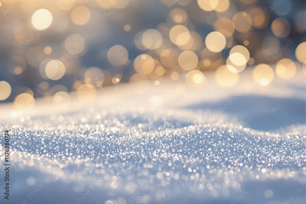 Poster Sparkling snow surface with golden bokeh lights in soft focus.