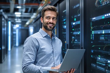 Fototapeta premium Smiling IT professional with laptop in a server room, modern technology background.