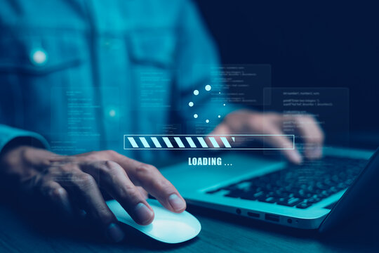 Man using laptop with Update Software Computer Program Upgrade Business Technology Internet, Update on virtual screen. Internet and technology concept, loading bar with installing the update. - Powered by Adobe