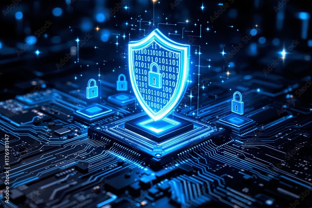 Aufkleber Cybersecurity concept with illuminated shield and locks on digital circuit board background.