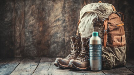 Essential backpackers gear including a hiking backpack, boots, and a water bottle arranged on a rustic wooden surface. Generative AI