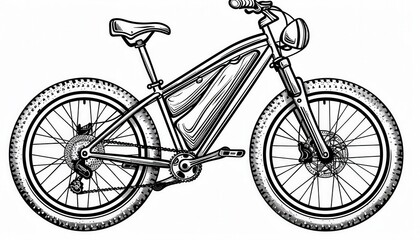 A vintage-style illustration of an electric mountain bike. Ideal for logos, apparel designs, or posters promoting eco-friendly transportation and outdoor adventures.