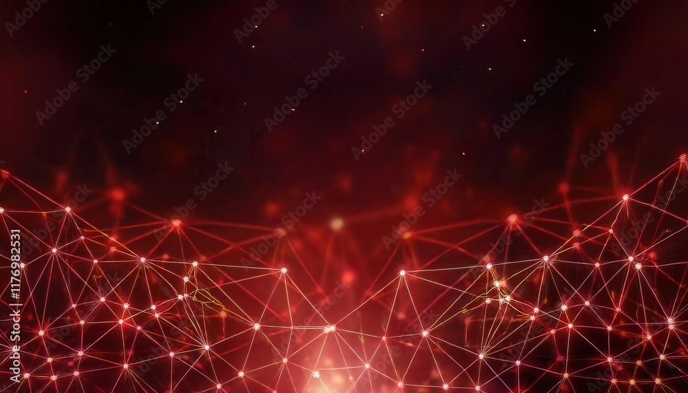 Poster Dynamic Red Network of Illuminated Interconnected Nodes and Lines in Abstract Digital Web Structure for Tech, AI, and Data Concepts