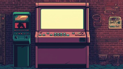 Retro arcade setting with vintage gaming machines and colorful background treasures