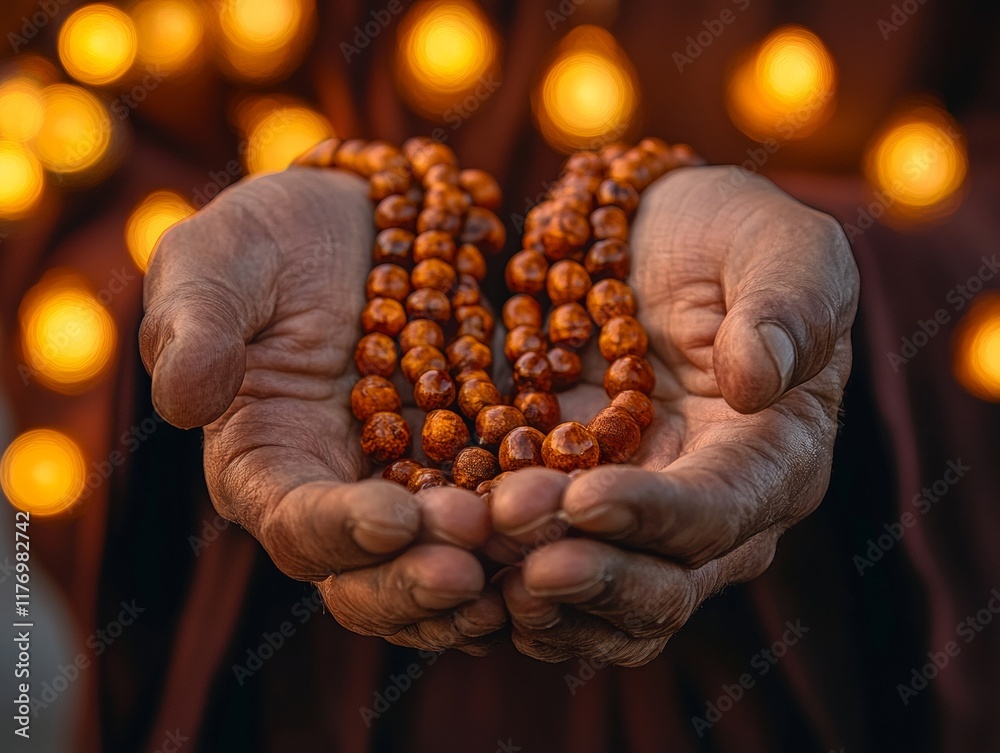 Aufkleber tranquil devotion close-up of prayer beads in weathered hands with glowing lanterns