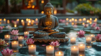 Fototapeta premium Serene Buddha Statue Amidst Candles and Lotus Flowers in Tranquil Setting