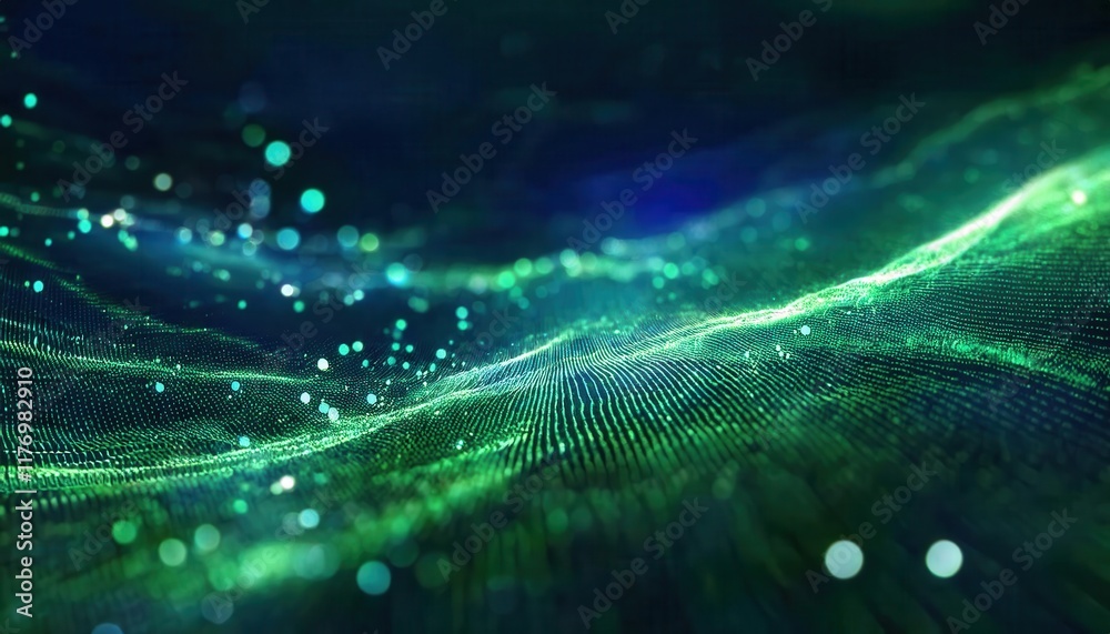 Poster Dynamic Green Digital Wave with Glowing Particles and Abstract Grid Background for Technology Visuals, Data Flow Concepts, or AI Interfaces