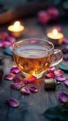 Tranquil Tea Ritual with Candlelight and Rose Petals on Vintage Wood