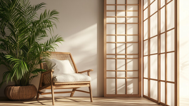 Drewniany fotel ustawiony obok japońskiego parawanu w tropikalnym wnętrzu.