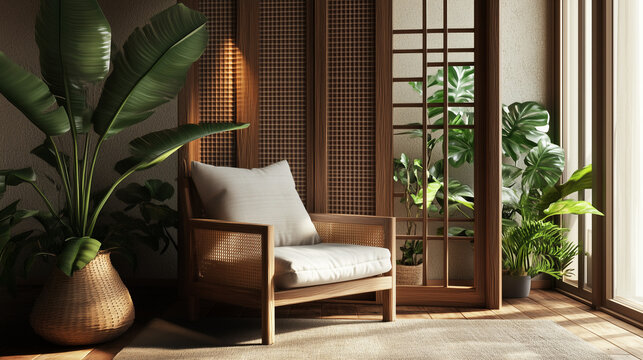 Drewniany fotel ustawiony obok japońskiego parawanu w tropikalnym wnętrzu.