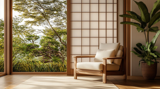Drewniany fotel ustawiony obok japońskiego parawanu w tropikalnym wnętrzu.