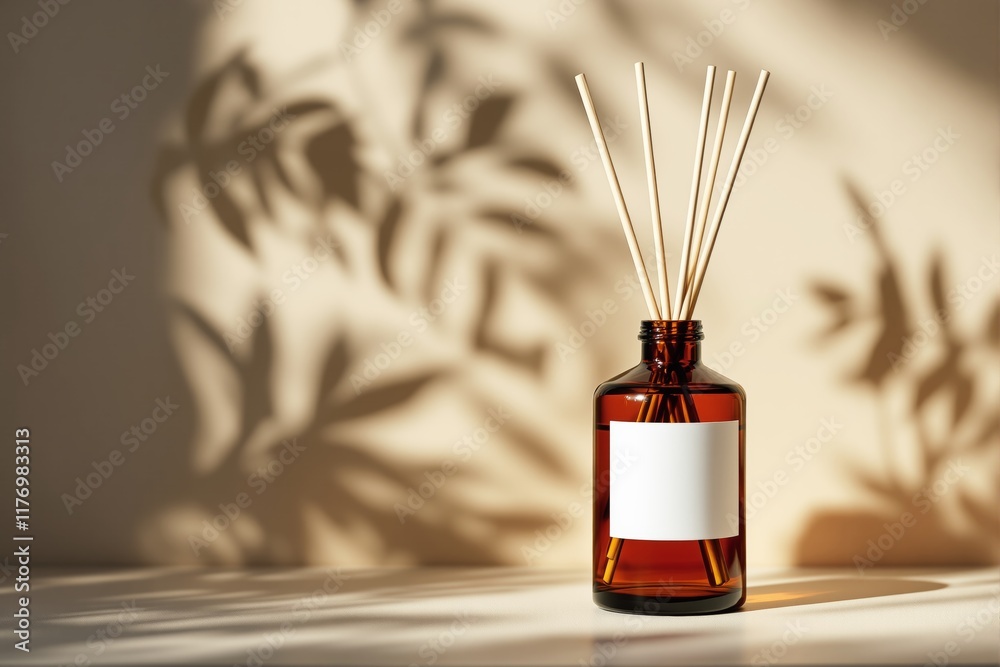 Poster aromatherapy reed diffuser bottle with blank label on beige background with natural leaf shadows.