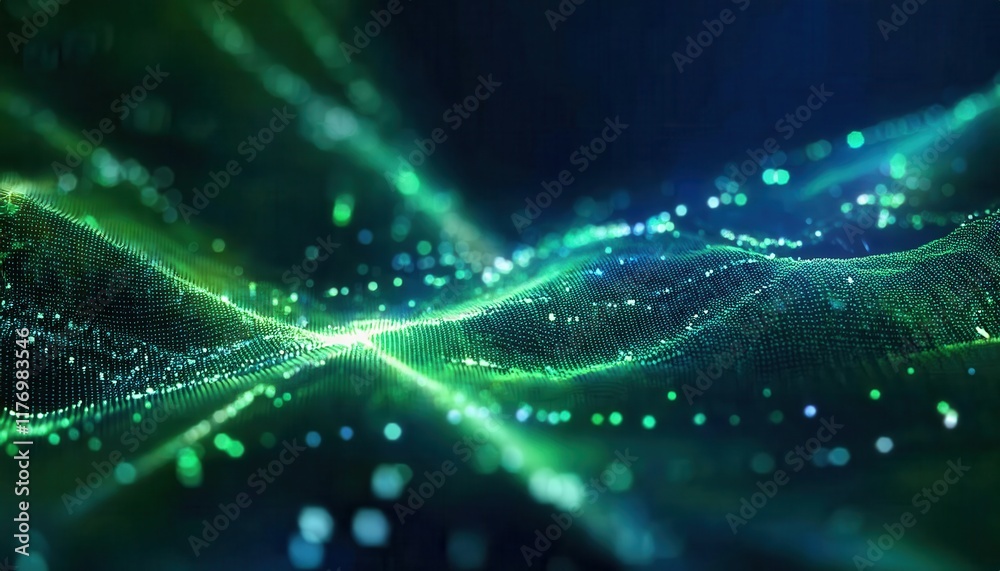 Poster Dynamic Green Digital Wave with Glowing Particles and Abstract Grid Background for Technology Visuals, Data Flow Concepts, or AI Interfaces