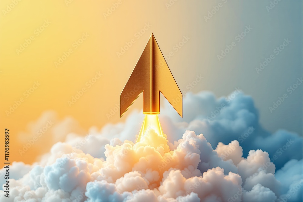 Poster golden rocket launching above fluffy clouds with vibrant gradient background.