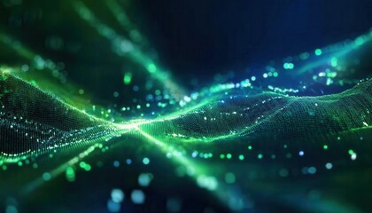 Dynamic Green Digital Wave with Glowing Particles and Abstract Grid Background for Technology Visuals, Data Flow Concepts, or AI Interfaces