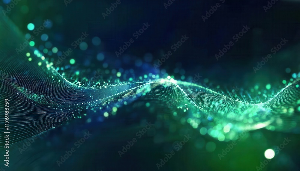 Aufkleber Dynamic Green Digital Wave with Glowing Particles and Abstract Grid Background for Technology Visuals, Data Flow Concepts, or AI Interfaces