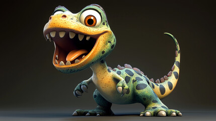 Adorable cartoon dinosaur with vibrant colors and a cheerful expression on a dark background
