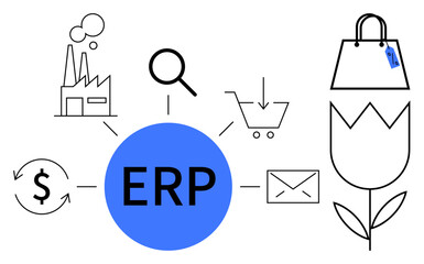 ERP in blue circle connecting factory, magnifying glass, shopping cart, email, dollar symbol, flower, shopping bag. Ideal for business management, industrial processes financial operations retail