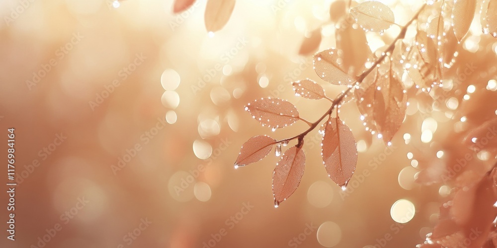 Poster tranquil raindrops on leaves soft-focus earthy scene with environmental calm