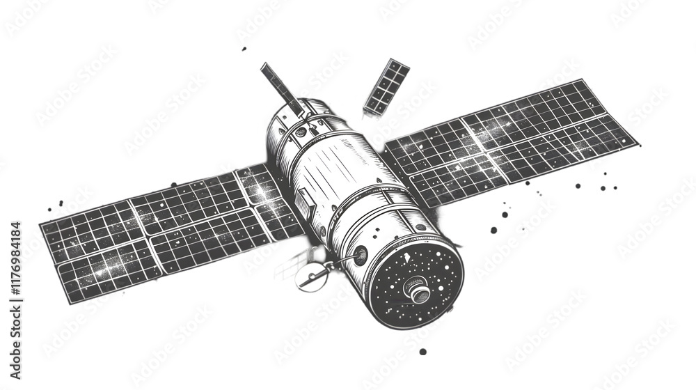 Wall mural hand drawn halftone satellite. space vector design element isolated on a transparent background