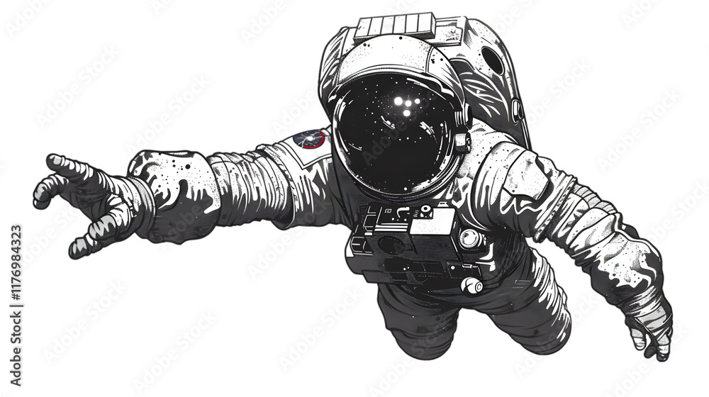 Wall mural hand drawn halftone astronaut. space vector design element. isolated on a transparent background