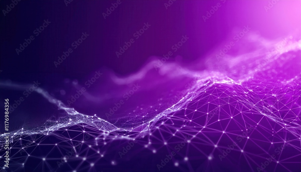Poster Abstract Purple Digital Wave with Glowing Network Mesh and Nodes Depicting Data Flow, Connectivity, and Futuristic Technology Applications