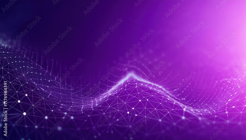 Poster Abstract Purple Digital Wave with Glowing Network Mesh and Nodes Depicting Data Flow, Connectivity, and Futuristic Technology Applications