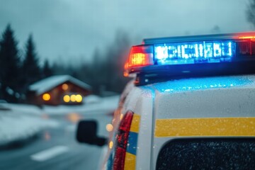 Close-up of Blue Light Flashing on Police Vehicle During Winter Evening with Softly Illuminated Cabin in Background and Rainy Atmosphere