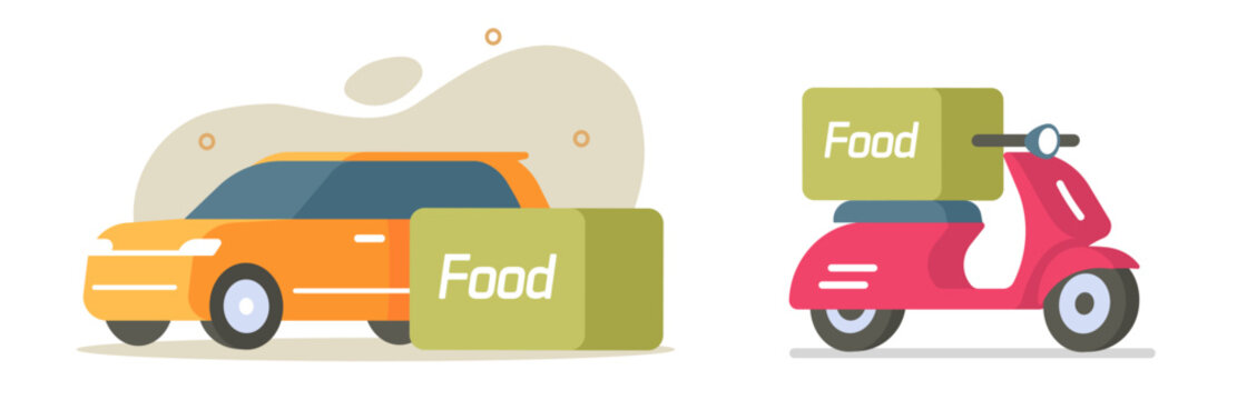 recommend clip art: Food delivery courier service car and motor bike scooter icon vector graphic illustration set, modern motorbike auto vehicle meal order shipping orange red yellow automobile image clip art
                    