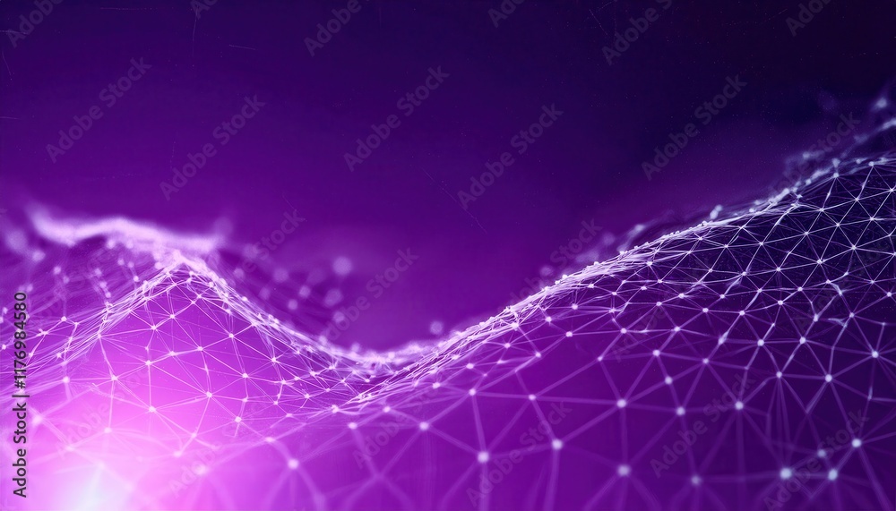 Poster abstract purple digital wave with glowing network mesh and nodes depicting data flow, connectivity, 