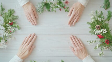 Crafting a Festive Holiday Wreath with Natural Elements on Rustic Table