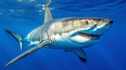 Naklejka premium Great White Shark Gliding Through Clear Blue Waters of the Ocean During Midday