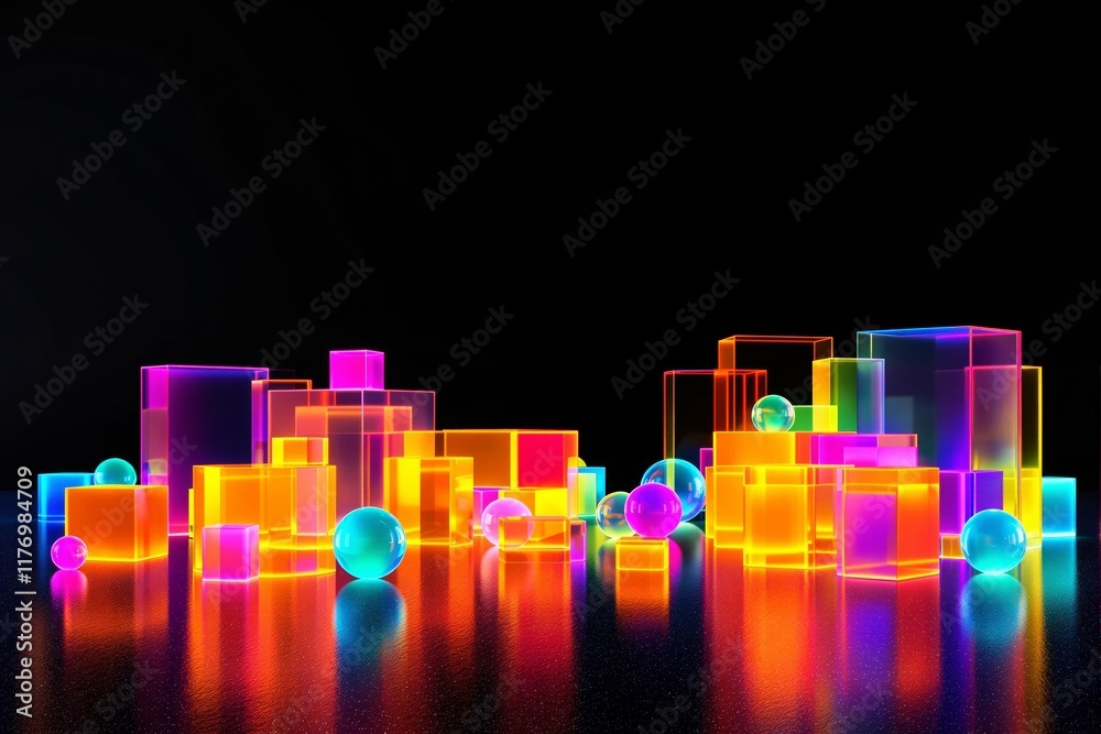 Poster neon-colored transparent cubes and spheres glowing on dark background.