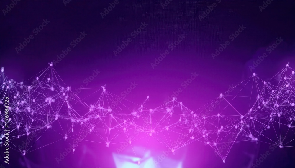 Poster abstract purple digital wave with glowing network mesh and nodes depicting data flow, connectivity, 