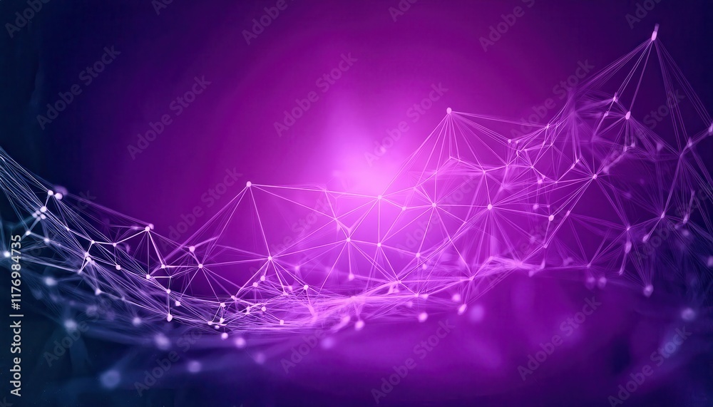 Poster abstract purple digital wave with glowing network mesh and nodes depicting data flow, connectivity, 