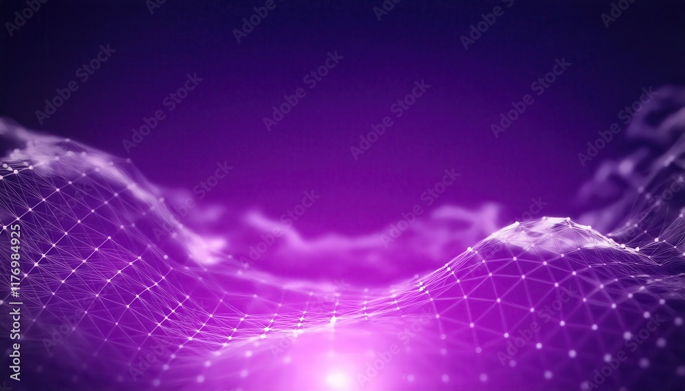 Poster abstract purple digital wave with glowing network mesh and nodes depicting data flow, connectivity, 