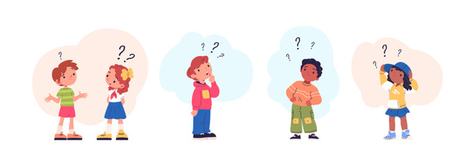 Kids think questions. Boy and girl thinking find idea or problem solution, confused school children with question mark, cartoon thoughtful child cute characters vector illustration