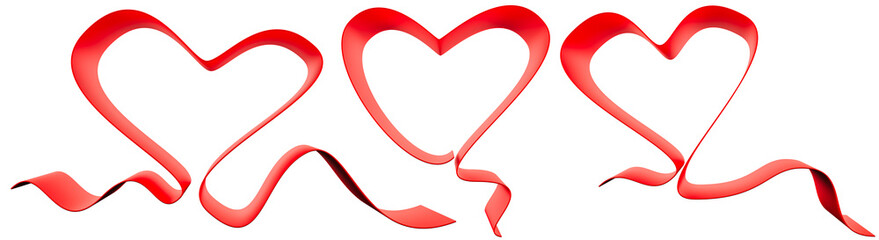 Red ribbon hearts on transparent background, perfect for Valentine's Day designs, romantic themes, wedding decorations, love-inspired greeting cards or festive projects. Cut out heart. 3D render.